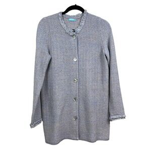 J McLaughlin Tweed Blazer Jacket Fringe Collar Trim Button Blue Gray Women S*